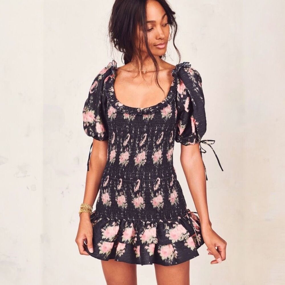 LoveShackFancy Violet Dress Black Pink Floral Silk Smocked Coquette Mini Medium